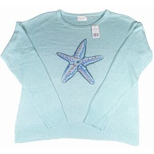 Mia & Tess Women's Medium Light Blue Just Do It Starfish Knit Pullover Sweater